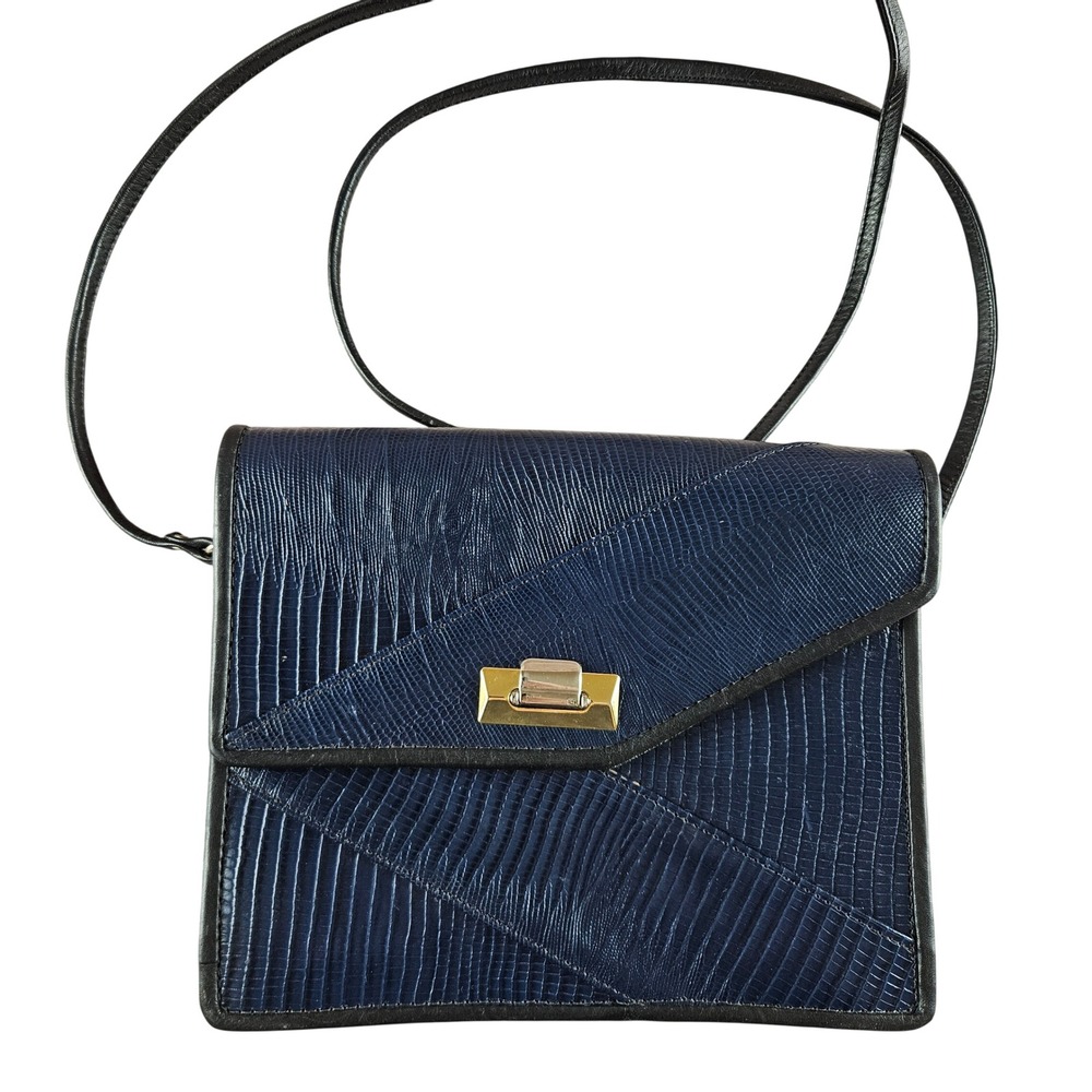 Roche Navy black lizard skin leather crossbody accordion purse bag‎ vintage